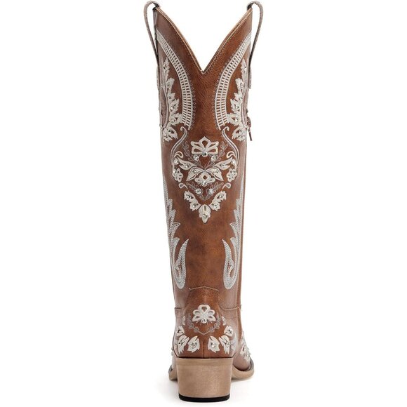 Women's Brown Embroidered Rhinestones Knee High Cowgirl Boots Pointed Toe - Picture 5 of 7